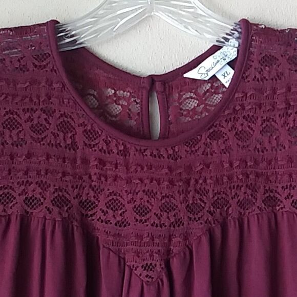 Speechless Dress Baby Doll Shift Sheath Lace Yoke Cap Sleeves Plum Burgundy XL - Picture 4 of 11